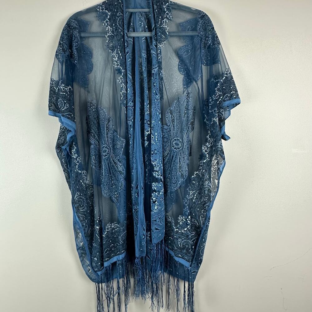 Pretty Persuasions Blue Paisley Sheer Kimono Fringe Boho Duster Fairy Coachella - Picture 2 of 11